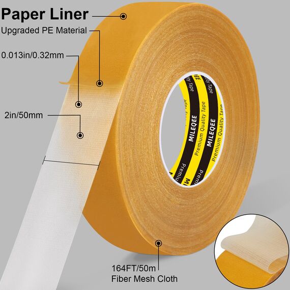 MILEQEE 1 Stück doppelseitiges Gewebeband,5cmx50m,hohe Haftkraft,starkes und robustes Teppichband,langlebiges Klebeband,Mehrzweck-Klebeband,einfaches Entfernen ohne Rückstände,leicht von abreißbar