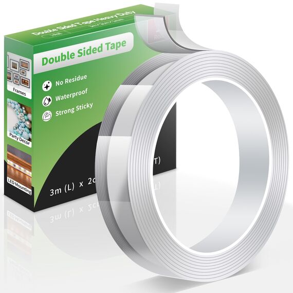 Euqvunn Doppelseitiges Klebeband Extra Starkes, (3,0 m × 2,0 cm × 1 mm) Ablösbares Nano Tape, Klebeband Transparent für Dekorationen/Wandaufhängung/Teppich, 1 Rolle