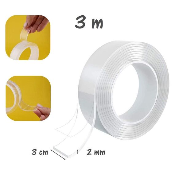 smart by Leviatan Doppelseitiges Klebeband Extra Stark 3m - Nano Tape - Transparent Entfernbares Wiederverwendbares Klebestreifen - Mehrfach Verwendbare Klebestreifen Double Sided, Breite 3cm
