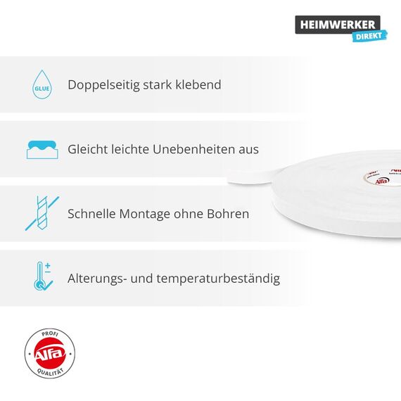 Alfa 48x Spiegelklebeband 19mm x 66m Profi-Qualität doppelseitig klebendes PE Schaumband, Montageklebeband