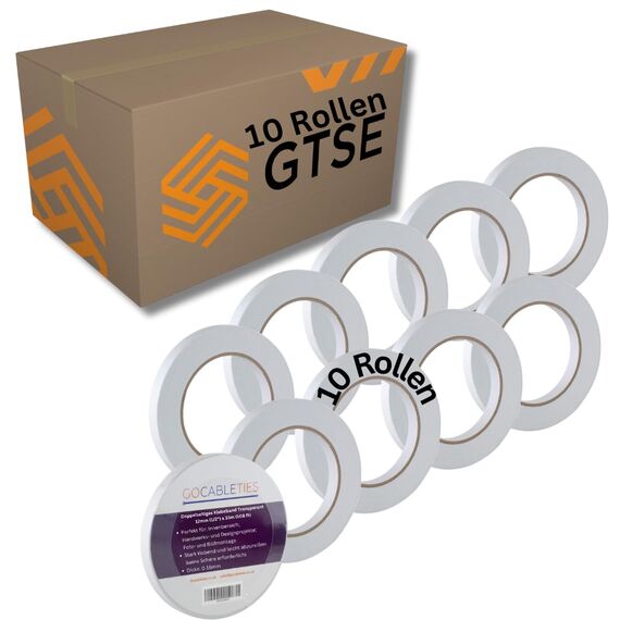 GOCABLETIES Doppelseitiges Klebeband Transparent - 5 Rollen - 12 mm x 33 m, Starkes Klebeband für Basteln, Dekorieren und Teppiche