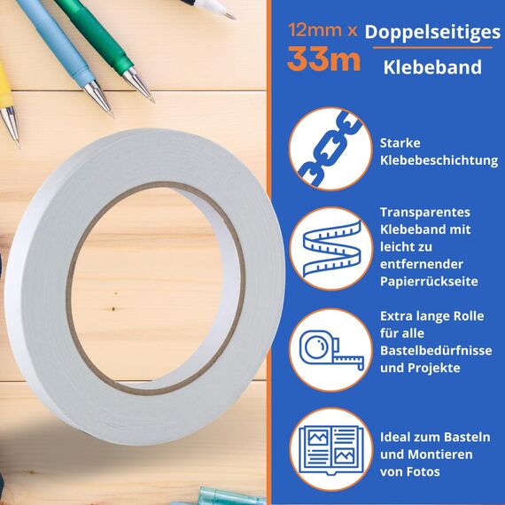 GOCABLETIES Doppelseitiges Klebeband Transparent - 5 Rollen - 12 mm x 33 m, Starkes Klebeband für Basteln, Dekorieren und Teppiche
