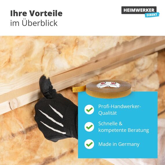 Alfa 1x Montageband Profi-Qualität 50 mm x 50 m doppelseitig klebend für Dampfbremse, Dampfsperre, Unterspannbahn schnelle und sichere Montage