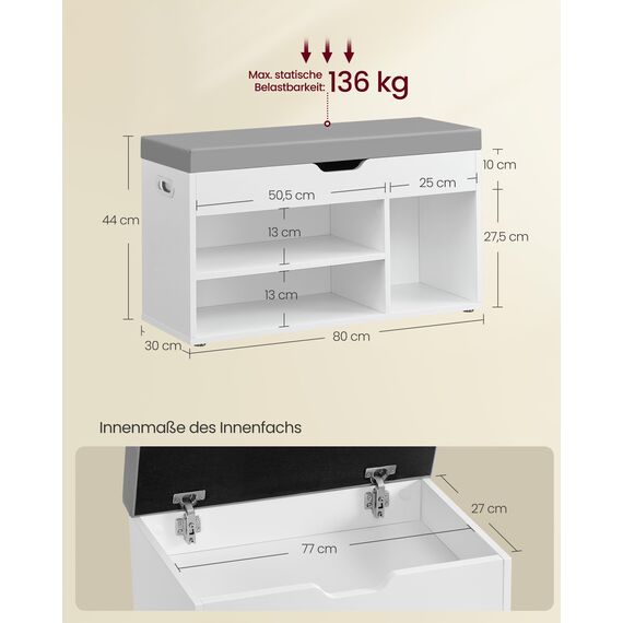 VASAGLE Schuhbank mit Sitzfläche, Sitzbank mit Stauraum, gepolstert, Fach unter Sitzkissen, Schuhregal Wohnzimmer, Flur, bis 136 kg belastbar, 30 x 80 x 44 cm, wolkenweiß-Taubengrau LHS030W01