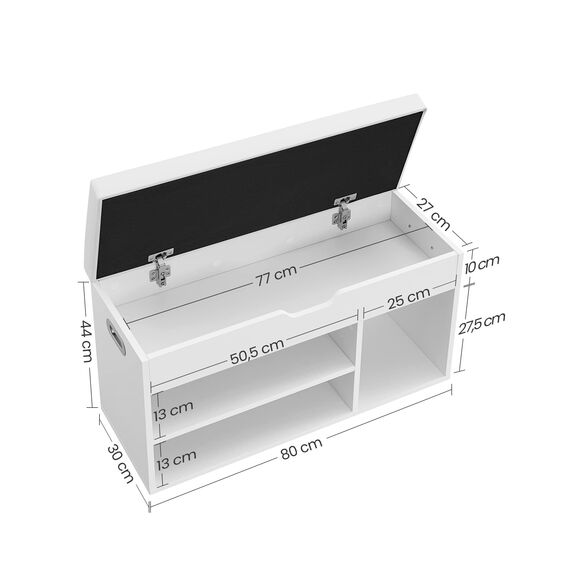 VASAGLE Schuhbank mit Sitzfläche, Sitzbank mit Stauraum, gepolstert, 3 offene Fächer, Fach unter Sitzkissen, Schuhregal für Wohnzimmer, Flur, bis 136 kg belastbar, wolkenweiß LHS30W