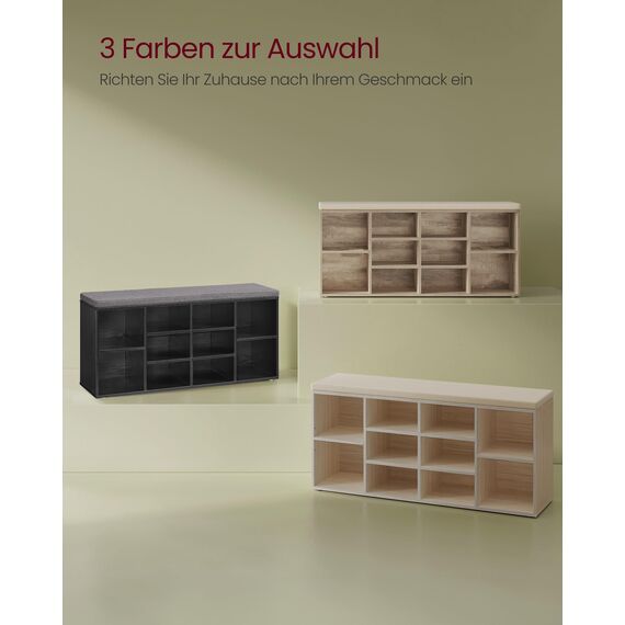 VASAGLE Schuhbank, Schuhregal mit Sitzfläche, Sitzbank mit Stauraum, gut gepolstert, Flurbank mit 10 Fächern, verstellbaren Ablagen, für Schlafzimmer, 30 x 104 x 48 cm, ebenholzschwarz LHS010B07