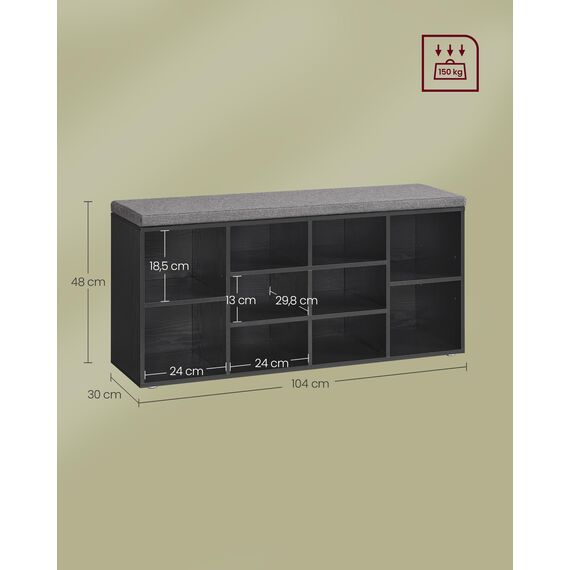 VASAGLE Schuhbank, Schuhregal mit Sitzfläche, Sitzbank mit Stauraum, gut gepolstert, Flurbank mit 10 Fächern, verstellbaren Ablagen, für Schlafzimmer, 30 x 104 x 48 cm, ebenholzschwarz LHS010B07