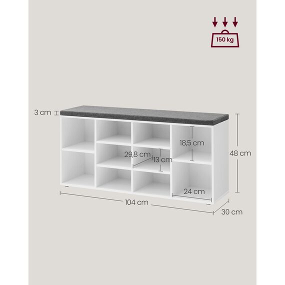 VASAGLE Schuhbank, Schuhregal mit Sitzfläche, Sitzbank mit Stauraum, gut gepolstert, Flurbank mit 10 Fächern, verstellbaren Ablagen, für Schlafzimmer, 30 x 104 x 48 cm, weiß-grau LHS10WT