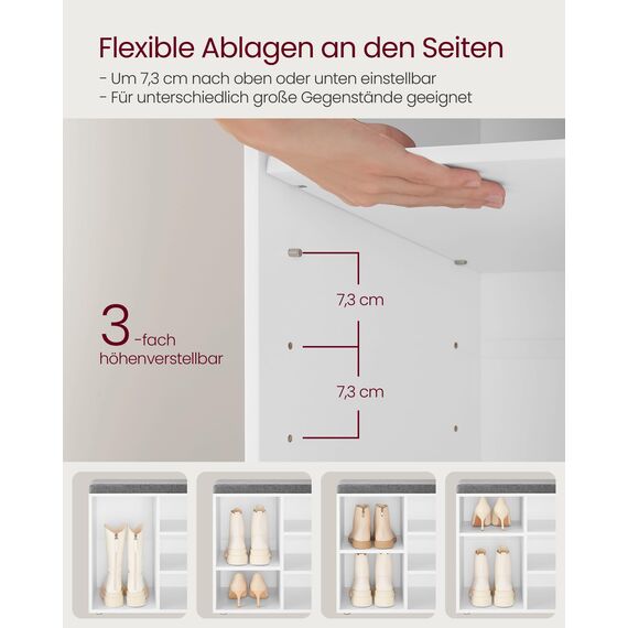 VASAGLE Schuhbank, Schuhregal mit Sitzfläche, Sitzbank mit Stauraum, gut gepolstert, Flurbank mit 10 Fächern, verstellbaren Ablagen, für Schlafzimmer, 30 x 104 x 48 cm, weiß-grau LHS10WT
