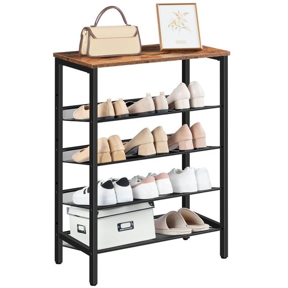 HOOBRO 5-lagiges Schuhregal, Verstellbares Schuhablage, schmal Schuhschrank, Flach und Neigbar, Stabil, Metall, Eingang, Korridor, Industrie, vintagebraun-schwarz EBF106XJ01