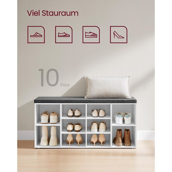 VASAGLE Schuhbank, Schuhregal mit Sitzfläche, Sitzbank mit Stauraum, gut gepolstert, Flurbank mit 10 Fächern, verstellbaren Ablagen, für Schlafzimmer, 30 x 104 x 48 cm, weiß-grau LHS10WT