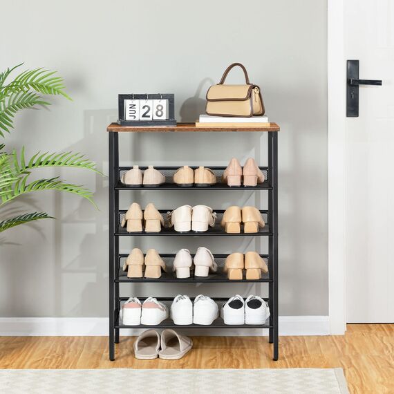 HOOBRO 5-lagiges Schuhregal, Verstellbares Schuhablage, schmal Schuhschrank, Flach und Neigbar, Stabil, Metall, Eingang, Korridor, Industrie, vintagebraun-schwarz EBF106XJ01