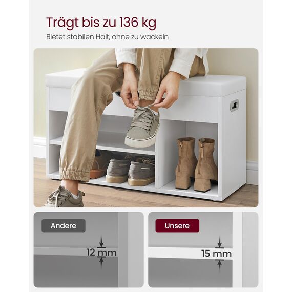 VASAGLE Schuhbank mit Sitzfläche, Sitzbank mit Stauraum, gepolstert, 3 offene Fächer, Fach unter Sitzkissen, Schuhregal für Wohnzimmer, Flur, bis 136 kg belastbar, wolkenweiß LHS30W