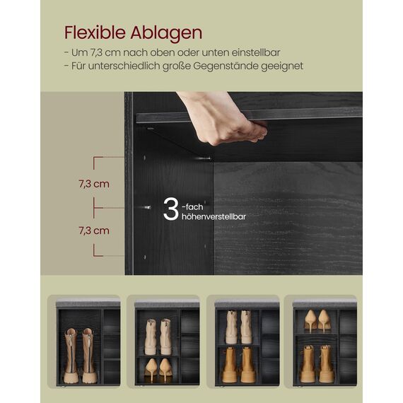 VASAGLE Schuhbank, Schuhregal mit Sitzfläche, Sitzbank mit Stauraum, gut gepolstert, Flurbank mit 10 Fächern, verstellbaren Ablagen, für Schlafzimmer, 30 x 104 x 48 cm, ebenholzschwarz LHS010B07