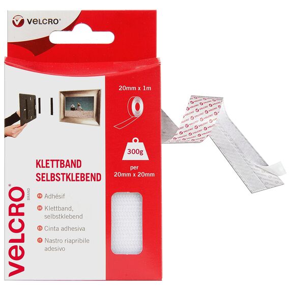 VELCRO Marke | Klettband Selbstklebend | Zuschneidbares, starkes, selbstklebendes Klettband mit Klettverschluss, perfekt für Raumdekoration und Wohnaccessoires, Garage | Weiß | 20mm x 1m