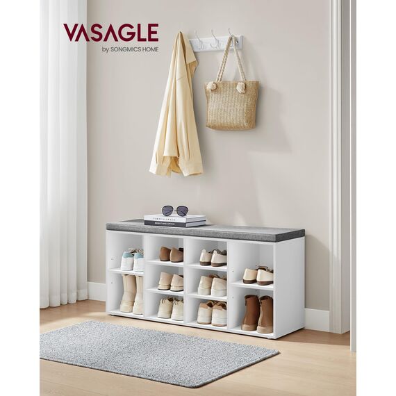 VASAGLE Schuhbank, Schuhregal mit Sitzfläche, Sitzbank mit Stauraum, gut gepolstert, Flurbank mit 10 Fächern, verstellbaren Ablagen, für Schlafzimmer, 30 x 104 x 48 cm, weiß-grau LHS10WT