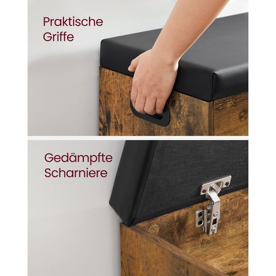 VASAGLE Schuhbank mit Sitzfläche, Sitzbank mit Stauraum, gepolstert, 3 offene Fächer, Fach unter Sitzkissen, Schuhregal für Wohnzimmer, Flur, bis 136 kg belastbar, vintagebraun LHS30BX
