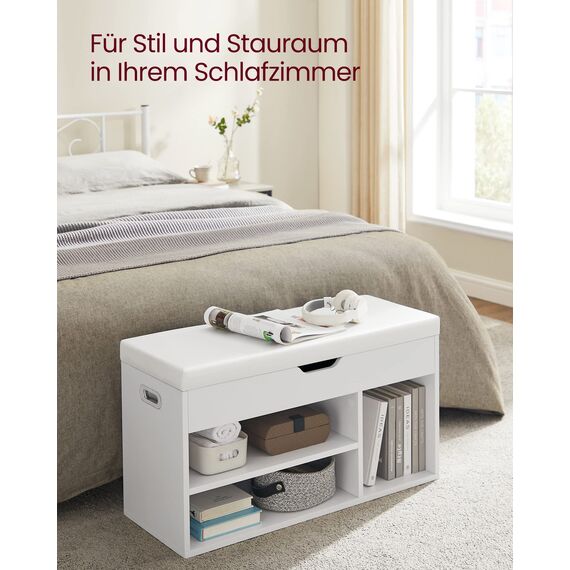 VASAGLE Schuhbank mit Sitzfläche, Sitzbank mit Stauraum, gepolstert, 3 offene Fächer, Fach unter Sitzkissen, Schuhregal für Wohnzimmer, Flur, bis 136 kg belastbar, wolkenweiß LHS30W