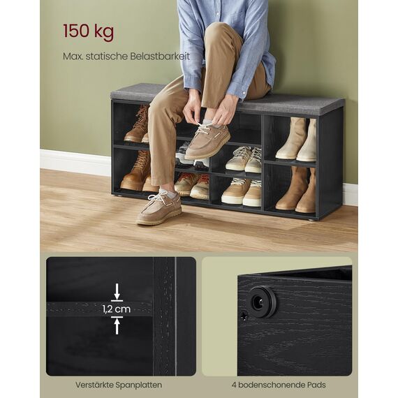 VASAGLE Schuhbank, Schuhregal mit Sitzfläche, Sitzbank mit Stauraum, gut gepolstert, Flurbank mit 10 Fächern, verstellbaren Ablagen, für Schlafzimmer, 30 x 104 x 48 cm, ebenholzschwarz LHS010B07