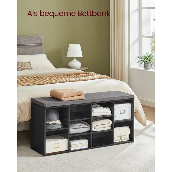 VASAGLE Schuhbank, Schuhregal mit Sitzfläche, Sitzbank mit Stauraum, gut gepolstert, Flurbank mit 10 Fächern, verstellbaren Ablagen, für Schlafzimmer, 30 x 104 x 48 cm, ebenholzschwarz LHS010B07