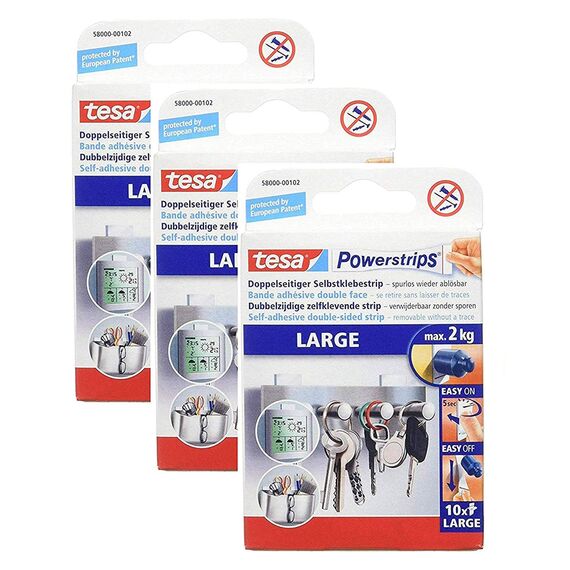 tesa Powerstrips Large/Doppelseitige Klebestreifen zur Montage von Gegenständen bis 2kg - Wieder ablösbar 10 Strips (3 Packungen, Large)