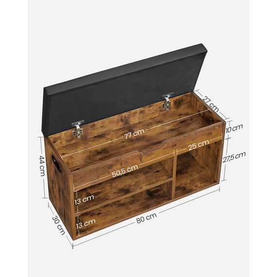 VASAGLE Schuhbank mit Sitzfläche, Sitzbank mit Stauraum, gepolstert, 3 offene Fächer, Fach unter Sitzkissen, Schuhregal für Wohnzimmer, Flur, bis 136 kg belastbar, vintagebraun LHS30BX