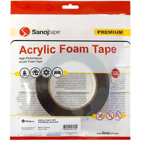 Sanojtape SuperBond – Doppelseitiges Hochleistungs-Klebeband für Schwierige Oberflächen (LSE) – 10 m x 12 mm x 1,1 mm Acrylschaum