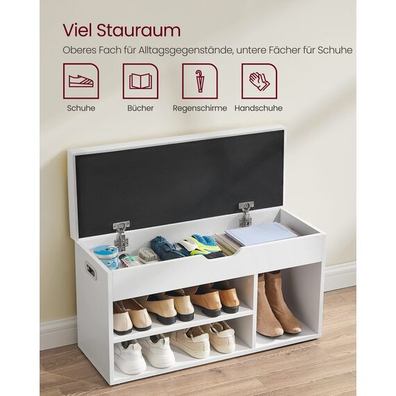 VASAGLE Schuhbank mit Sitzfläche, Sitzbank mit Stauraum, gepolstert, 3 offene Fächer, Fach unter Sitzkissen, Schuhregal für Wohnzimmer, Flur, bis 136 kg belastbar, wolkenweiß LHS30W
