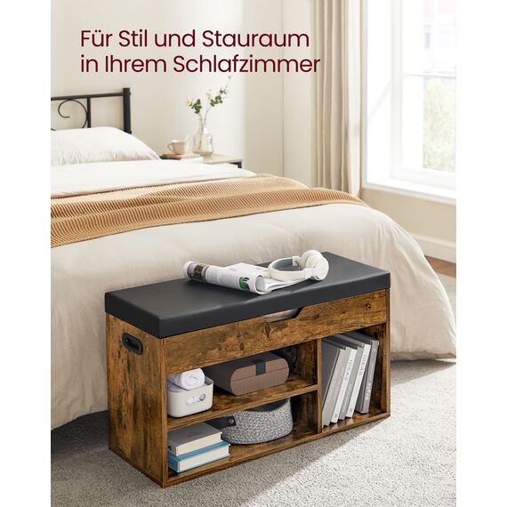 VASAGLE Schuhbank mit Sitzfläche, Sitzbank mit Stauraum, gepolstert, 3 offene Fächer, Fach unter Sitzkissen, Schuhregal für Wohnzimmer, Flur, bis 136 kg belastbar, vintagebraun LHS30BX