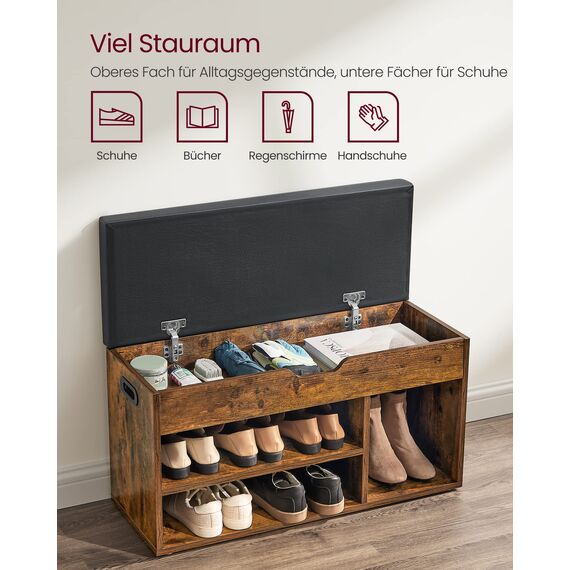 VASAGLE Schuhbank mit Sitzfläche, Sitzbank mit Stauraum, gepolstert, 3 offene Fächer, Fach unter Sitzkissen, Schuhregal für Wohnzimmer, Flur, bis 136 kg belastbar, vintagebraun LHS30BX