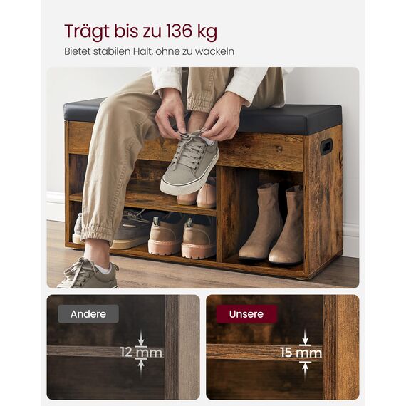 VASAGLE Schuhbank mit Sitzfläche, Sitzbank mit Stauraum, gepolstert, 3 offene Fächer, Fach unter Sitzkissen, Schuhregal für Wohnzimmer, Flur, bis 136 kg belastbar, vintagebraun LHS30BX
