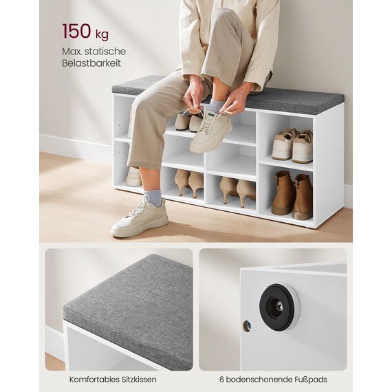 VASAGLE Schuhbank, Schuhregal mit Sitzfläche, Sitzbank mit Stauraum, gut gepolstert, Flurbank mit 10 Fächern, verstellbaren Ablagen, für Schlafzimmer, 30 x 104 x 48 cm, weiß-grau LHS10WT