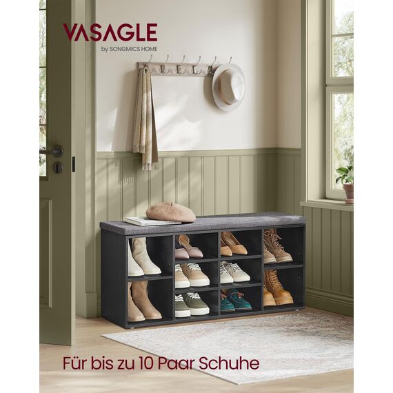 VASAGLE Schuhbank, Schuhregal mit Sitzfläche, Sitzbank mit Stauraum, gut gepolstert, Flurbank mit 10 Fächern, verstellbaren Ablagen, für Schlafzimmer, 30 x 104 x 48 cm, ebenholzschwarz LHS010B07