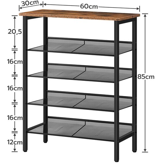 HOOBRO 5-lagiges Schuhregal, Verstellbares Schuhablage, schmal Schuhschrank, Flach und Neigbar, Stabil, Metall, Eingang, Korridor, Industrie, vintagebraun-schwarz EBF106XJ01
