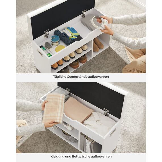 VASAGLE Schuhbank mit Sitzfläche, Sitzbank mit Stauraum, gepolstert, 3 offene Fächer, Fach unter Sitzkissen, Schuhregal für Wohnzimmer, Flur, bis 136 kg belastbar, wolkenweiß LHS30W