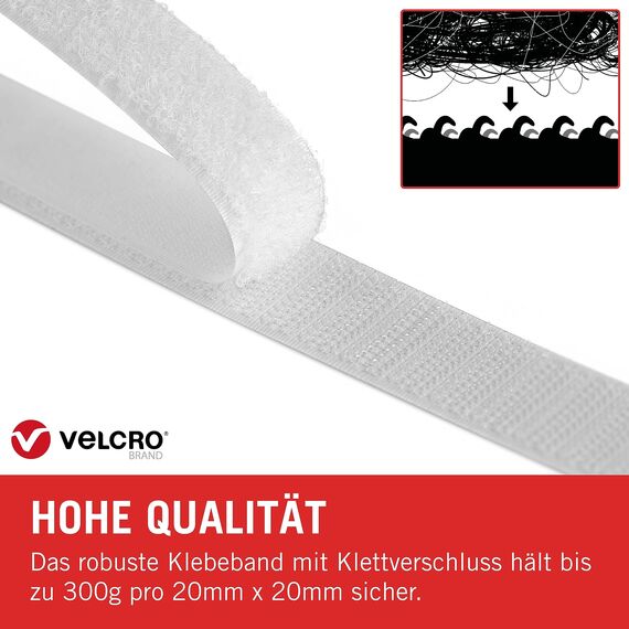 VELCRO Marke | Klettband Selbstklebend | Zuschneidbares, starkes, selbstklebendes Klettband mit Klettverschluss, perfekt für Raumdekoration und Wohnaccessoires, Garage | Weiß | 20 mm x 25 m