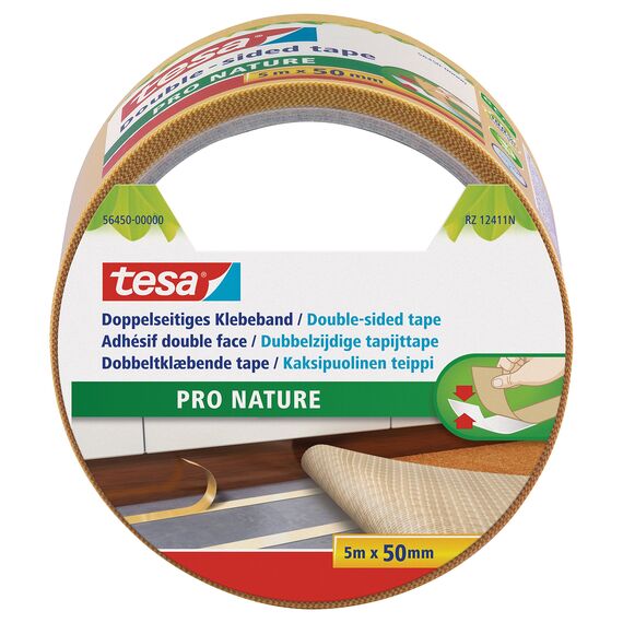 tesa Doppelseitiges Klebeband PRO NATURE - stark und vielseitig, als Verlegeband für Böden sowie zum Basteln geeignet - aus 100% recyceltem Kunststoff - 5 m x 50 mm