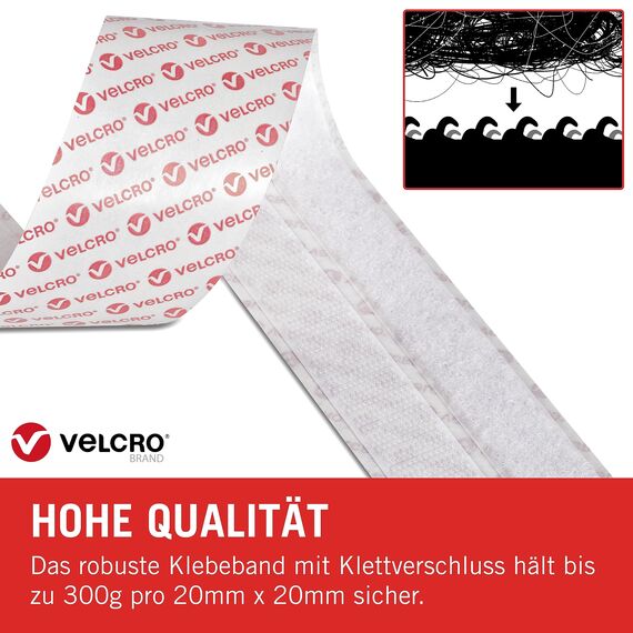 VELCRO Marke | Klettband Selbstklebend | Zuschneidbares, starkes, selbstklebendes Klettband mit Klettverschluss, perfekt für Raumdekoration und Wohnaccessoires, Garage | Weiß | 20 mm x 10 m