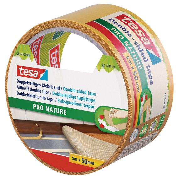 tesa Doppelseitiges Klebeband PRO NATURE - stark und vielseitig, als Verlegeband für Böden sowie zum Basteln geeignet - aus 100% recyceltem Kunststoff - 5 m x 50 mm