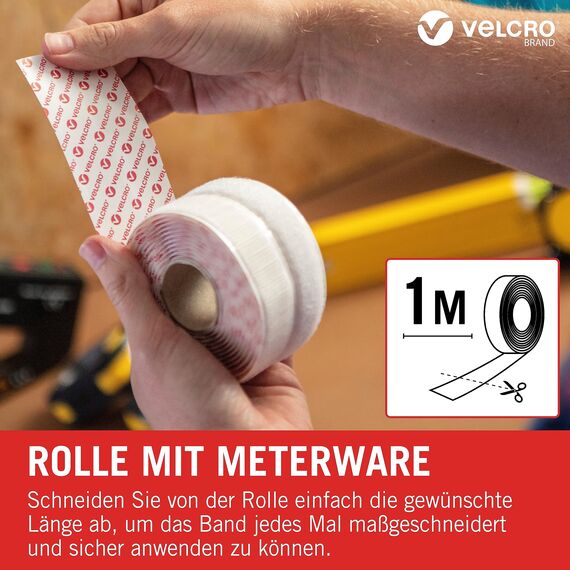 VELCRO Marke | Klettband Selbstklebend | Zuschneidbares, starkes, selbstklebendes Klettband mit Klettverschluss, perfekt für Raumdekoration und Wohnaccessoires, Garage | Weiß | 20mm x 1m