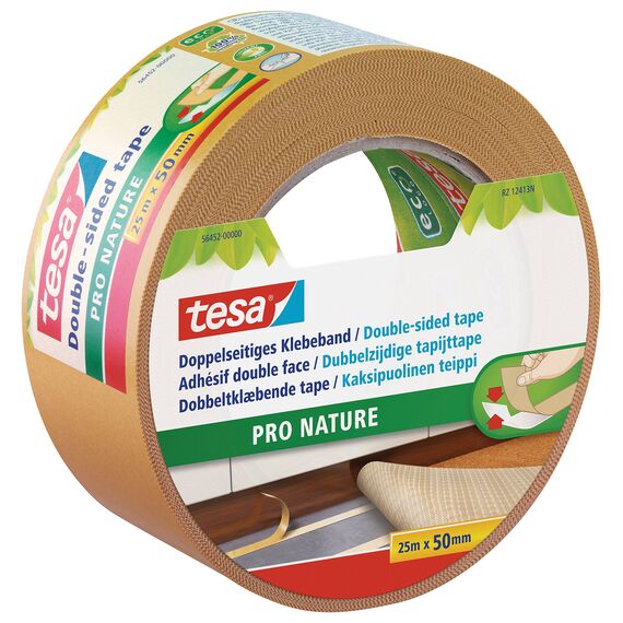 tesa Doppelseitiges Klebeband PRO NATURE - stark und vielseitig, als Verlegeband für Böden sowie zum Basteln geeignet - aus 100% recyceltem Kunststoff - 25 m x 50 mm