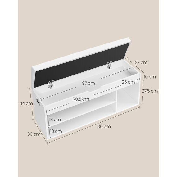 VASAGLE Schuhbank mit Sitzfläche, Sitzbank mit Stauraum, gepolstert, Fach unter Sitzkissen, Schuhregal Wohnzimmer, Flur, bis 136 kg belastbar, 30 x 100 x 44 cm, wolkenweiß LHS130W14
