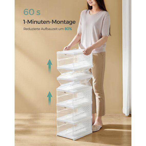 SONGMICS Schuhschrank, mit 6 Schuhboxen, integrierter Schuh-Organizer, faltbar, tragbar, für Schuhe bis Größe 46, 1-Min-Montage, transparent-wolkenweiß LSP205W01