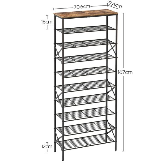YATINEY Schuhregal hoch, Schuhablage mit 10 Ebenen, Schuhschrank mit großer Kapazität, für 40 Paar Schuhe, Metallrahmen, für Eingangsbereich, Flur, Vintagebraun und Schwarz XSS10BR