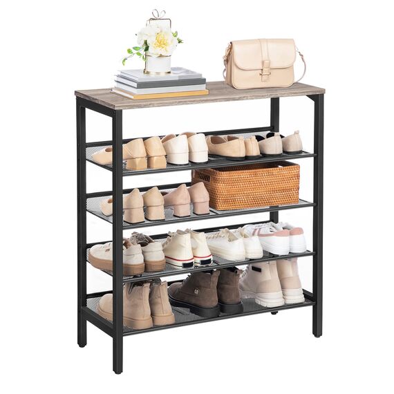 HOOBRO Schuhregal, 5-lagiges Schuhschrank, Verstellbares Schuhablage, Flach und Neigbar, Langlebig und Stabil, Metall, Eingang, Korridor, Industrie, Greige-Schwarz EBG01XJ01