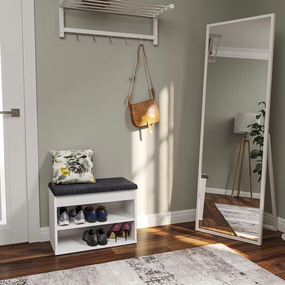 KOMTO Schuhbank mit Sitzfläche - Schuhregal Bank mit Stauraum Weiß 60 x 48 x 32 cm Kleiner Schuhschrank mit Sitzbank Flur Bank Garderobenbank Sofia