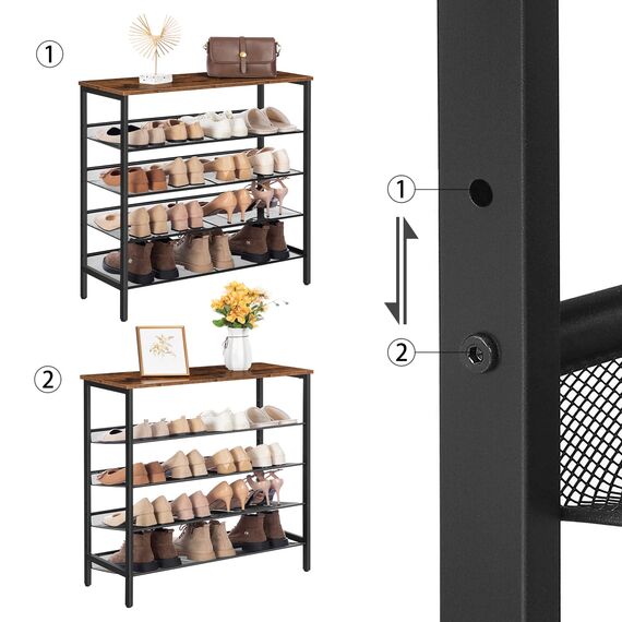 HOOBRO Schuhregal, 5-lagiges Schuhschrank, Verstellbares Schuhablage, Flach und Neigbar, Langlebig und Stabil, Metall, Eingang, Korridor, Industrie, vintagebraun-schwarz EBF01XJ01