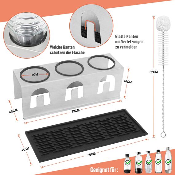 ACTIV CUISINE Flaschenhalter für Sodastream Duo Crystal Flaschen, 3er Edelstahl Abtropfhalter, Abtropfständer Abtropfgestell mit Schutzringe, Abtropfmatte, Deckelhalter und Flaschenbürste