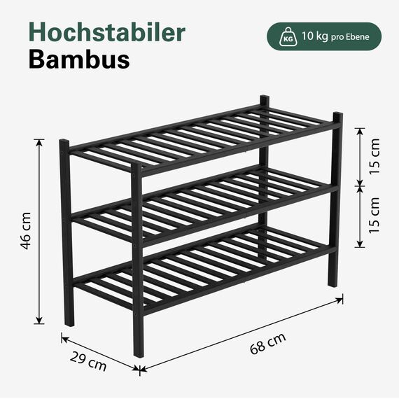BAM BOO BOX - Schuhregal aus Bambus, Schuhablage mit 3 Ebenen, 68 x 28 x 46 cm, Erweiterbar Stapelbar, Schuhschrank Holz, Shoe Rack, Regal für Wohnzimmer oder Flur (Schwarz)