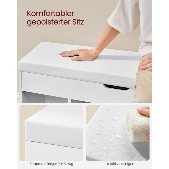 VASAGLE Schuhbank mit Sitzfläche, Sitzbank mit Stauraum, gepolstert, Fach unter Sitzkissen, Schuhregal Wohnzimmer, Flur, bis 136 kg belastbar, 30 x 100 x 44 cm, wolkenweiß LHS130W14